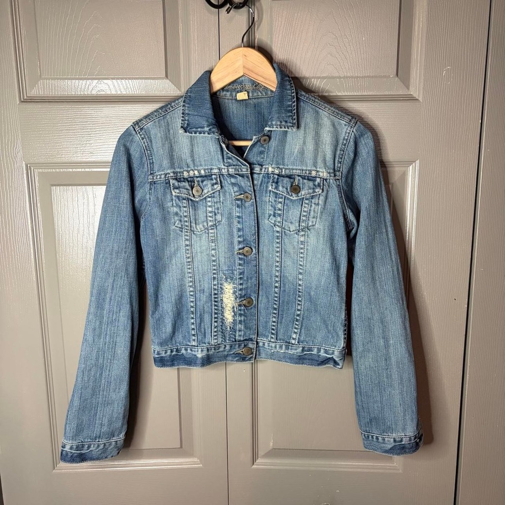 American Eagle Womens Blue Distressed Denim Button Up Jean Jacket Small Y2K